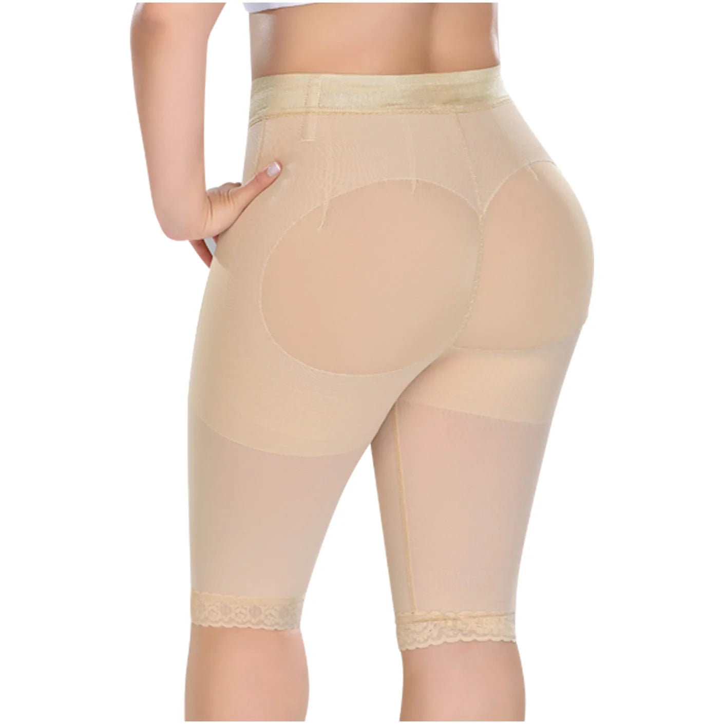 Fajas MyD MYD0323 beige butt-lifting shorts with padded enhancement, Colombian post-surgery compression shapewear back view