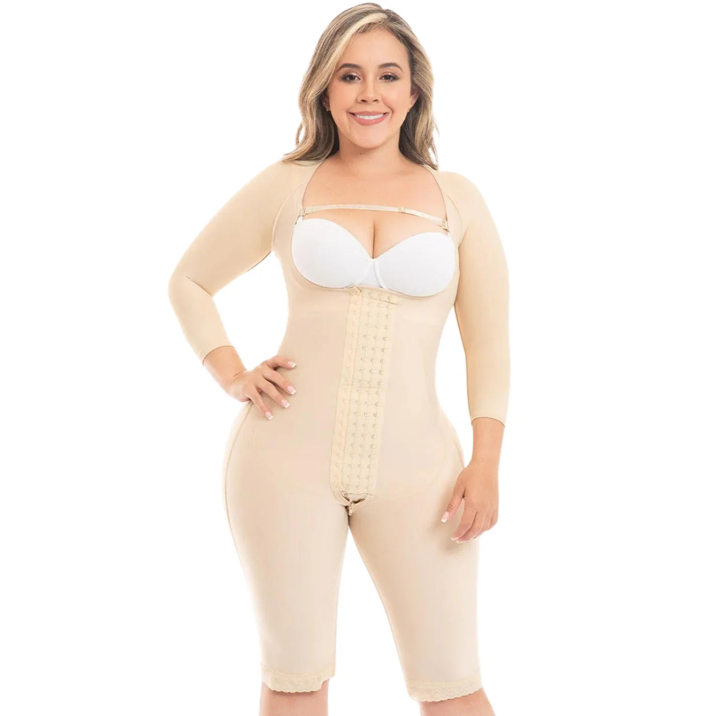 Fajas MyD MYDF04474 beige full-body post-surgery faja with sleeves and hook closure, Colombian shapewear stage 1 front view