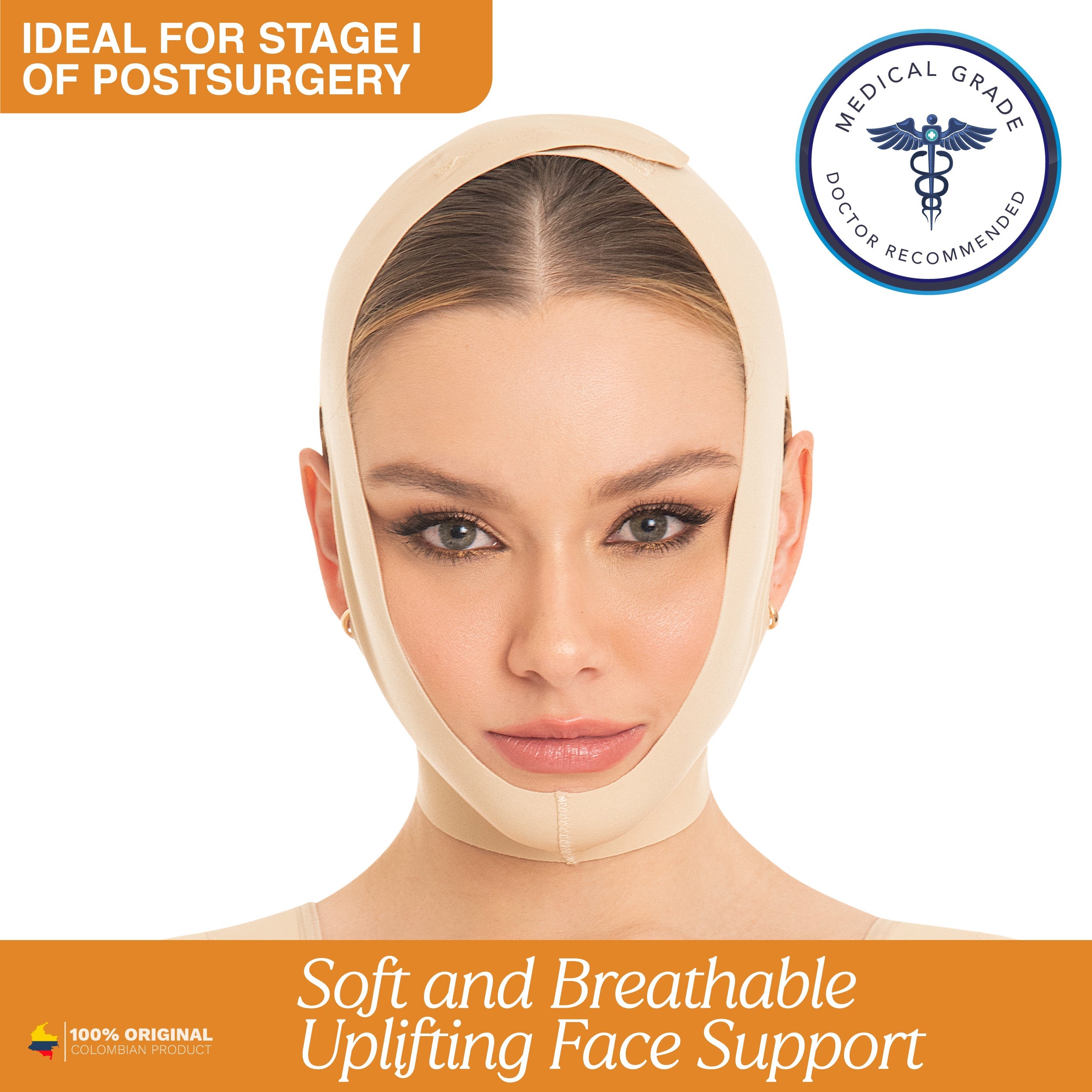 Fajas MyD MYD0810 beige post-surgery face compression garment, soft breathable Colombian faja for stage 1 recovery