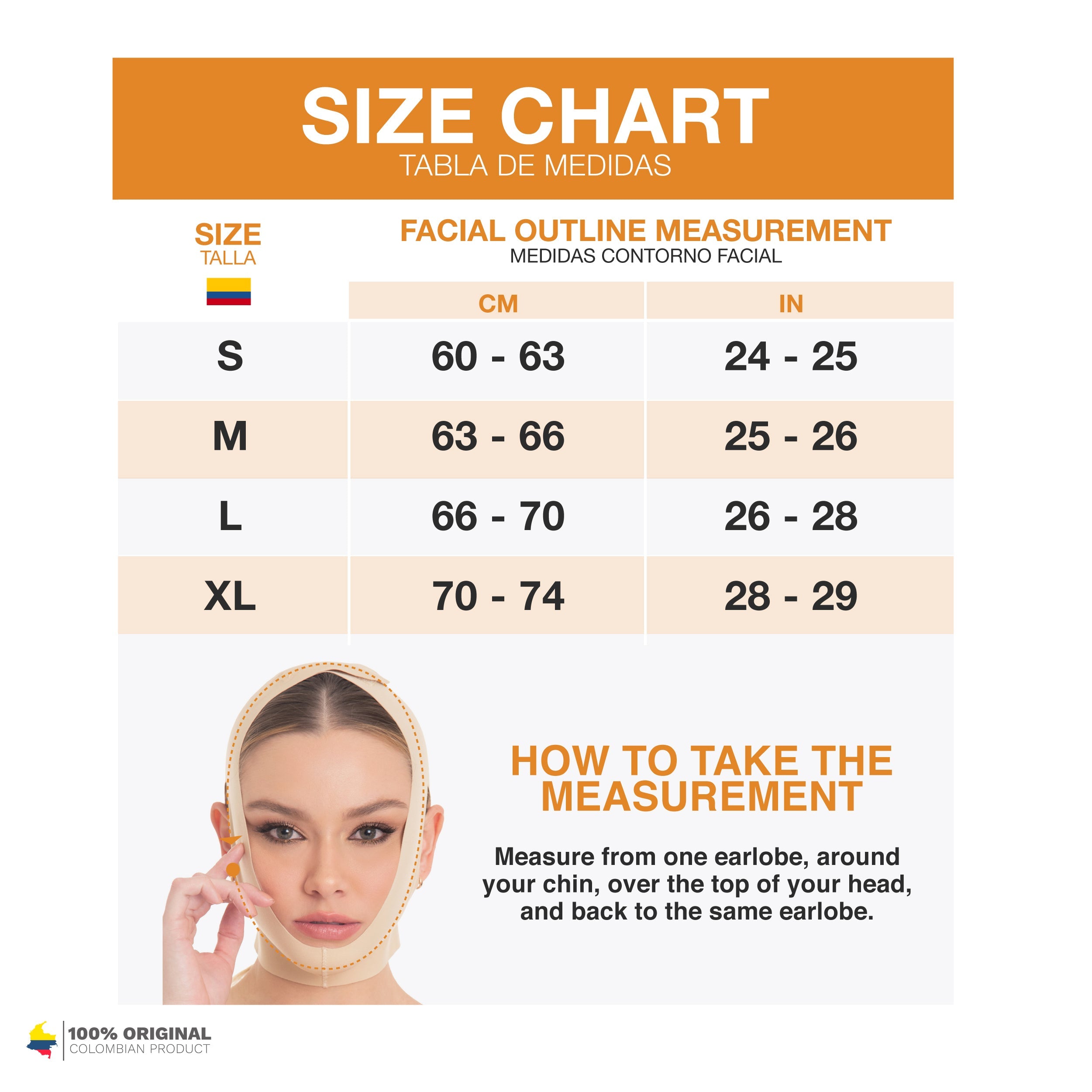 Fajas MyD MYD0810 facial outline size chart for beige Colombian compression chin strap post-surgery faja accessory