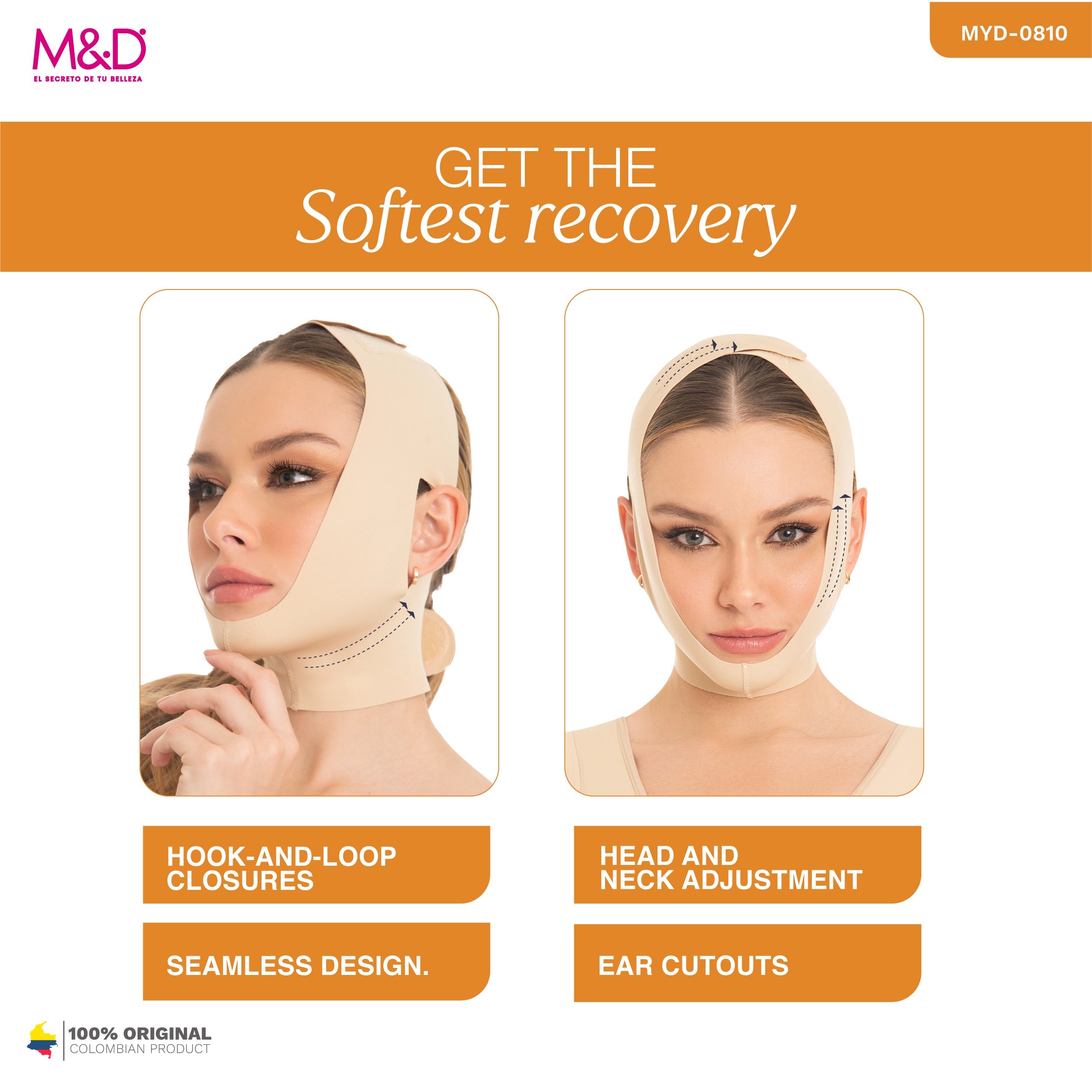 Fajas MyD MYD0810 beige facial compression garment with hook-and-loop closures, post-surgery faja colombiana recovery wrap