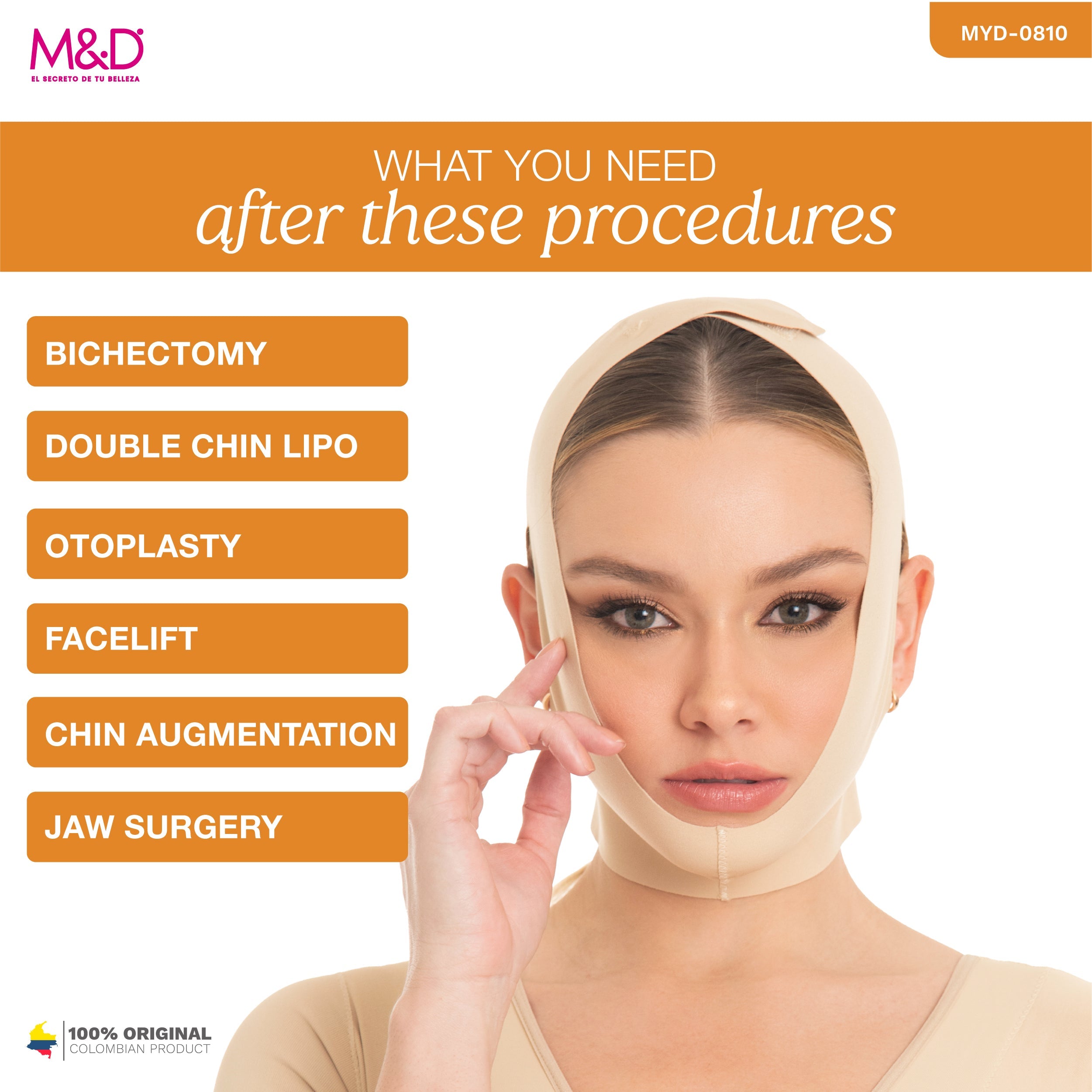 Fajas MyD MYD0810 beige facial compression garment post-surgery faja colombiana for facelift and jaw surgery recovery