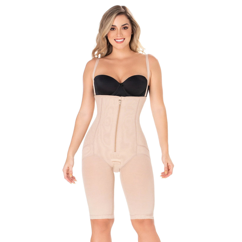 Diane & Geordi DAG-2414A beige full-body Colombian shapewear faja with front zipper and knee-length compression shorts front 