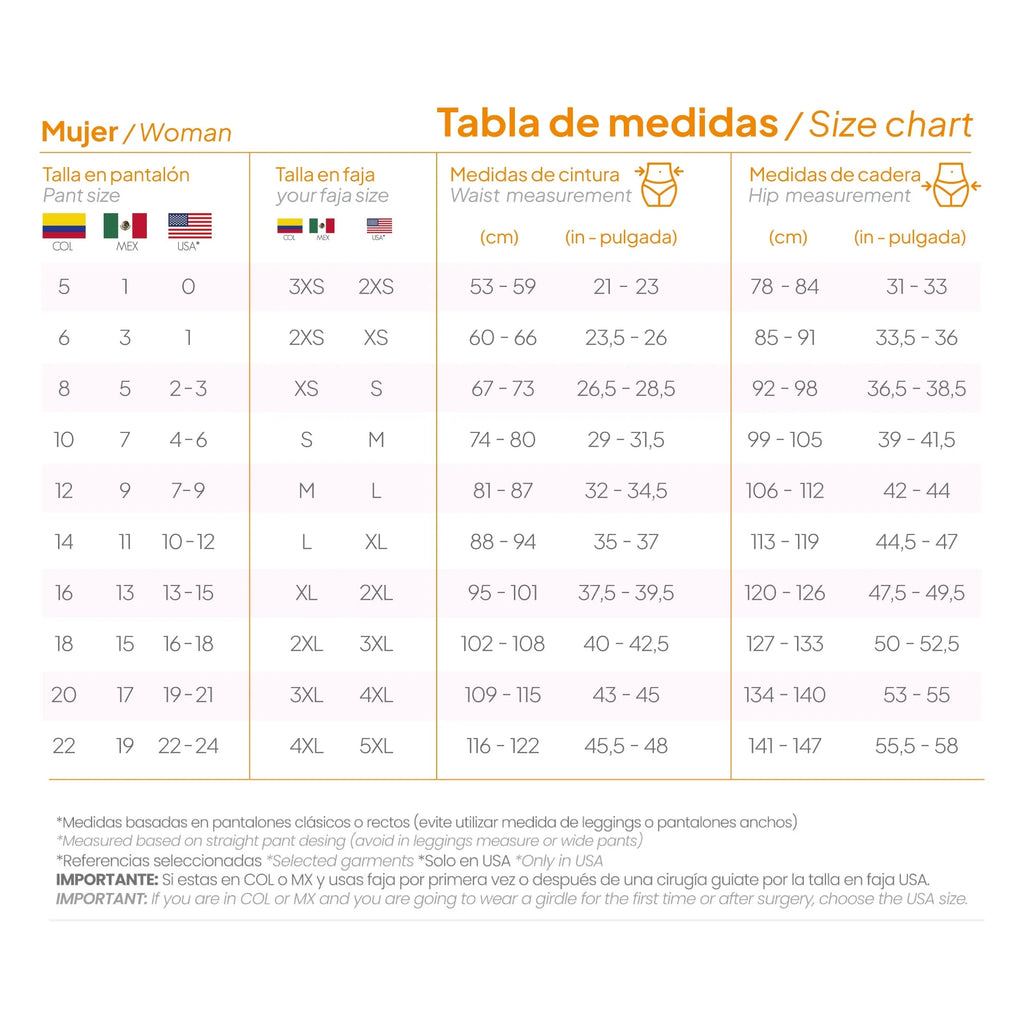 Fajas MyD MYD0047 women size chart for Colombian shapewear post-surgery compression faja colombiana sizing guide