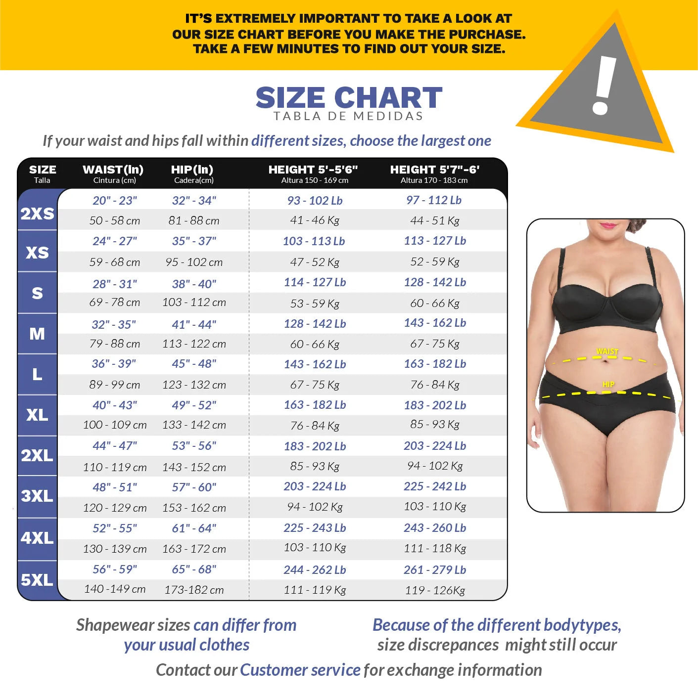 Diane & Geordi DAG-002407 black full-body Colombian shapewear size chart with waist and hip measurement guide for women