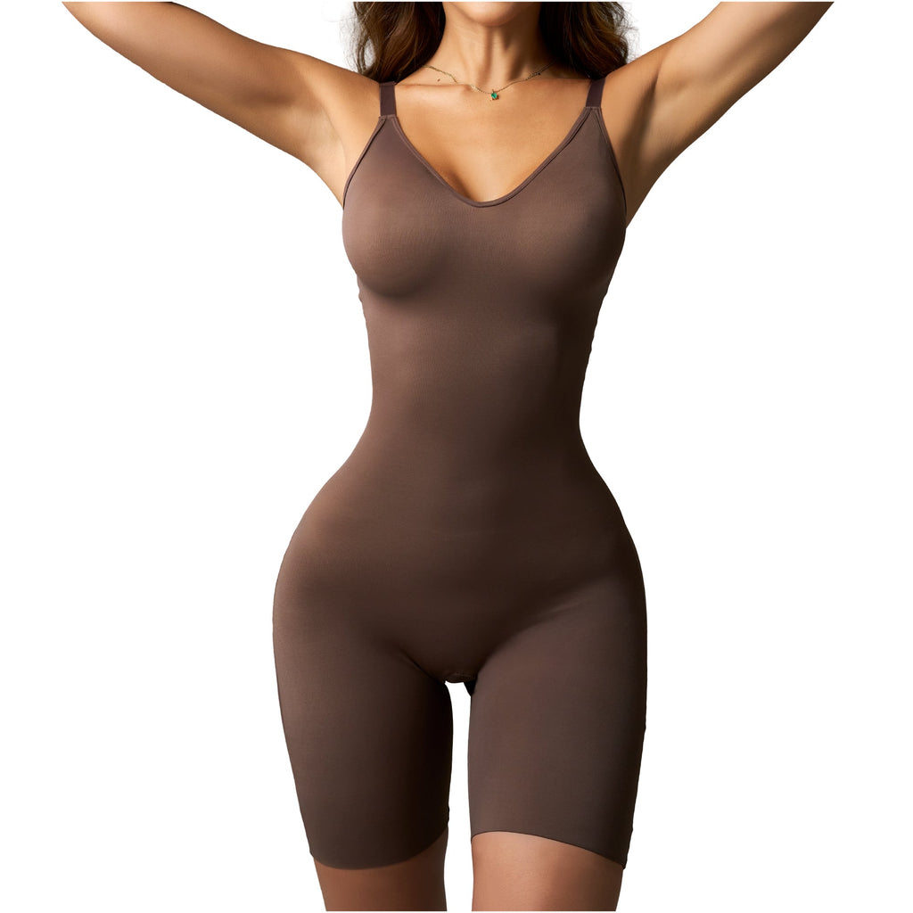 Fajas Salome 01L3 chocolate brown full-body shaper bodysuit with thin straps, Colombian shapewear for daily use front view