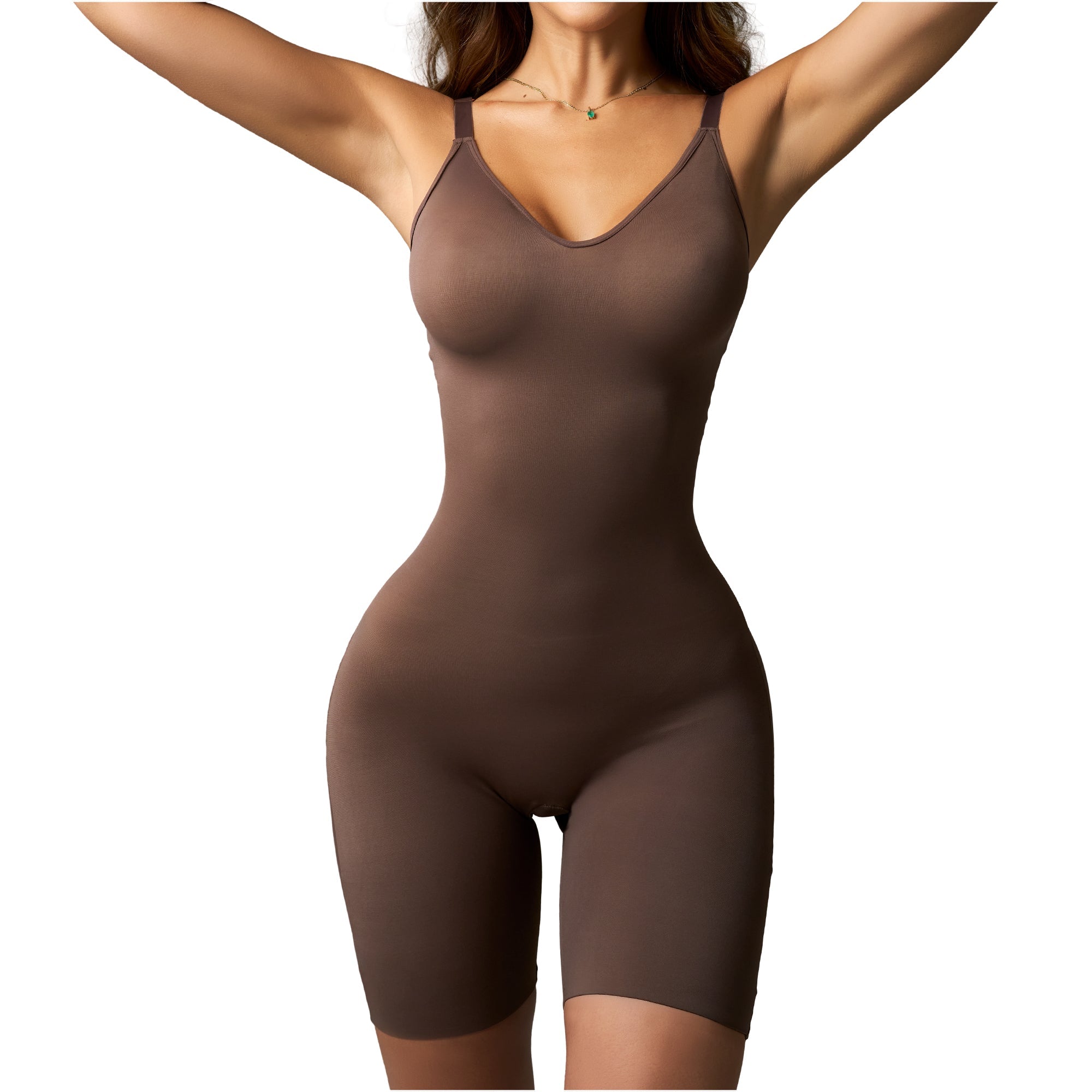Fajas Salome 01L3 chocolate brown full-body shaper bodysuit with thin straps, Colombian shapewear for daily use front view