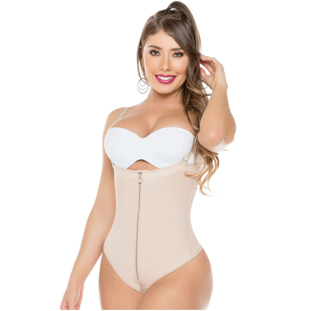 Fajas Salome 212 beige open-bust thong bodysuit with front zipper, Colombian post-surgery faja compression garment front view