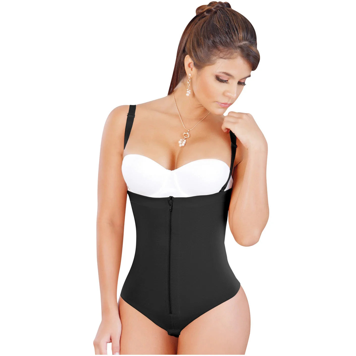Fajas Salome 212 black open-bust post-surgery faja with zipper closure and straps, Colombian shapewear thong bodysuit front v