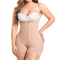 Fajas Salome 214 beige open-bust bodysuit with front zipper, Colombian post-surgery compression garment for postpartum recove