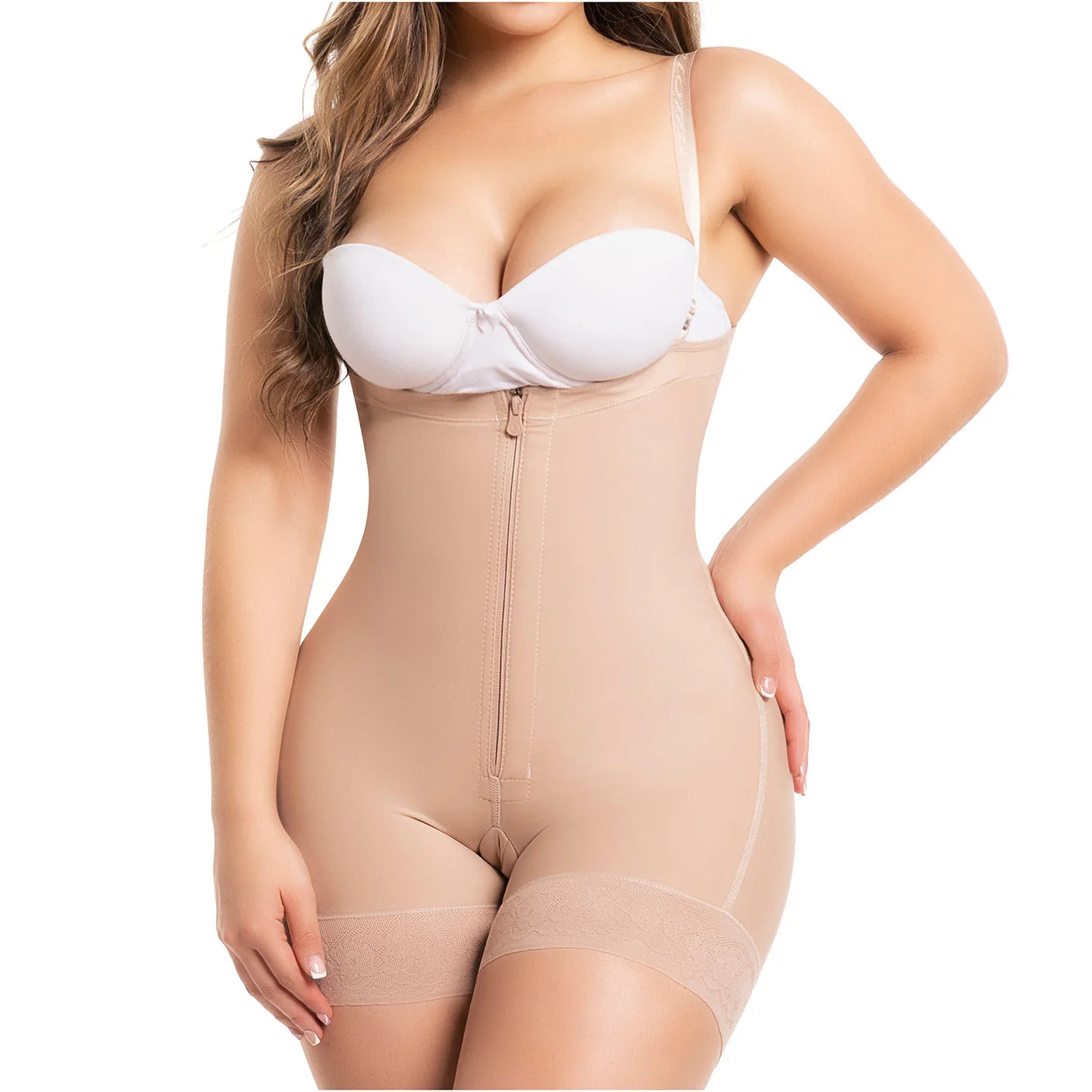 Fajas Salome 214 beige open-bust bodysuit with front zipper, Colombian post-surgery compression garment for postpartum recove