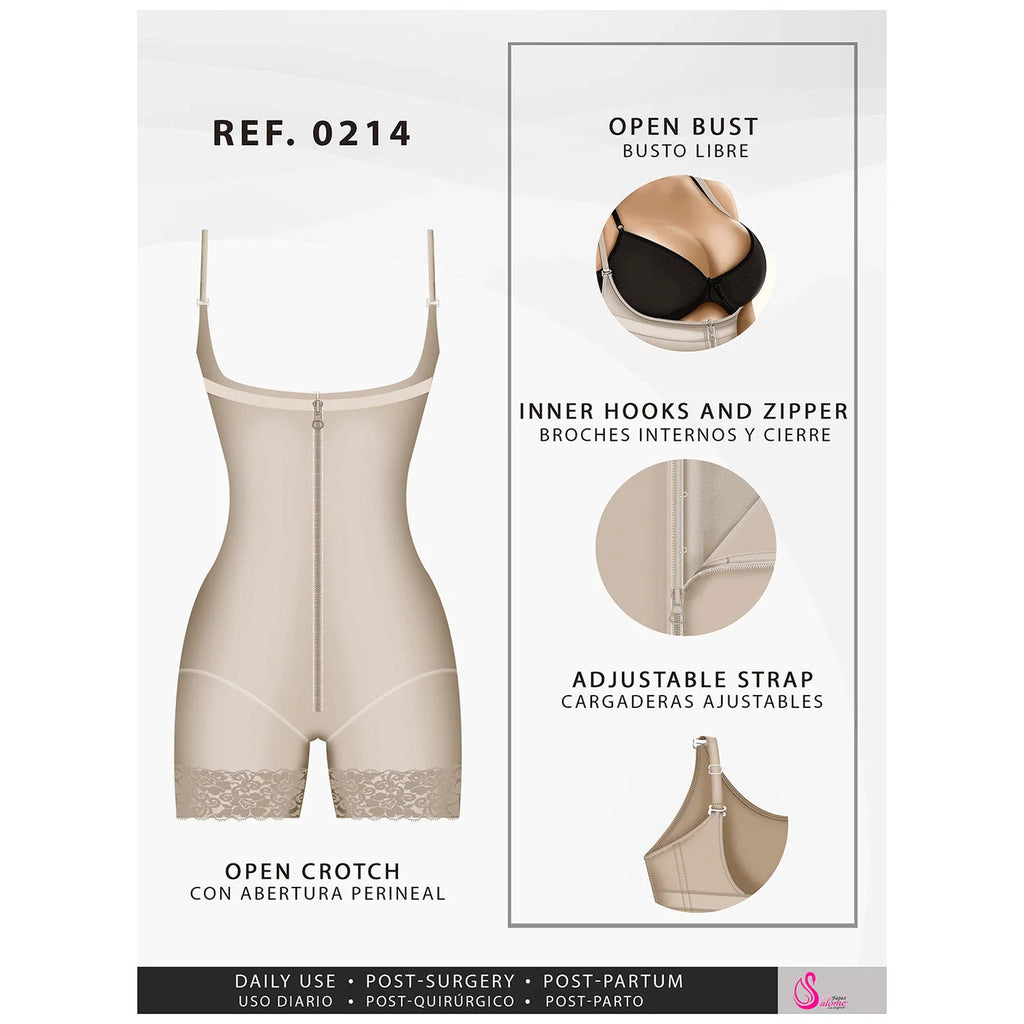 Fajas Salome 0214 beige open-bust bodysuit with zipper closure, Colombian post-surgery faja for postpartum recovery