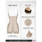 Fajas Salome 0214 beige open-bust bodysuit with zipper closure, Colombian post-surgery faja for postpartum recovery
