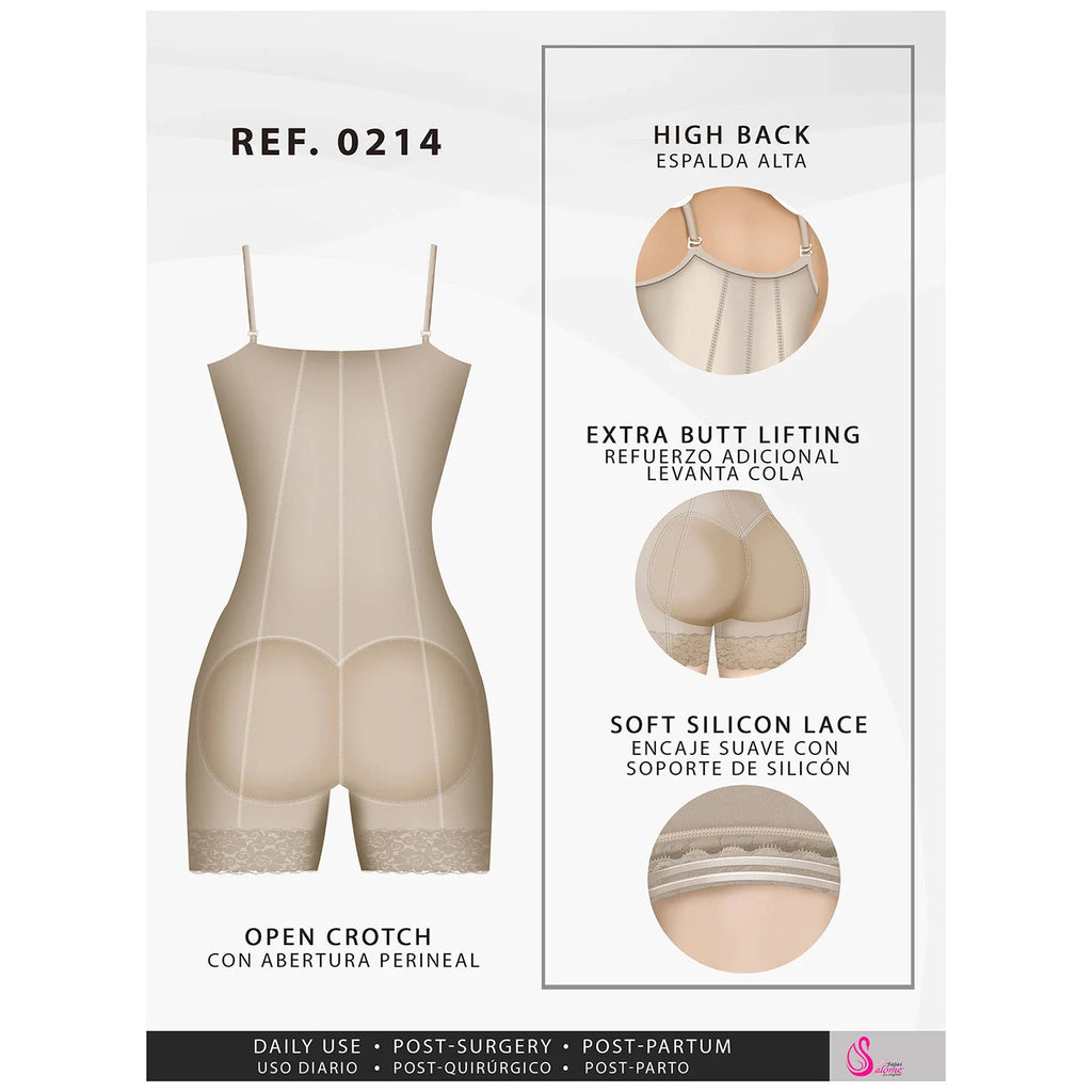 Fajas Salome 0214 beige open crotch body shaper with butt lifting and lace trim, Colombian post-surgery compression garment f