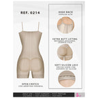 Fajas Salome 0214 beige open crotch body shaper with butt lifting and lace trim, Colombian post-surgery compression garment f