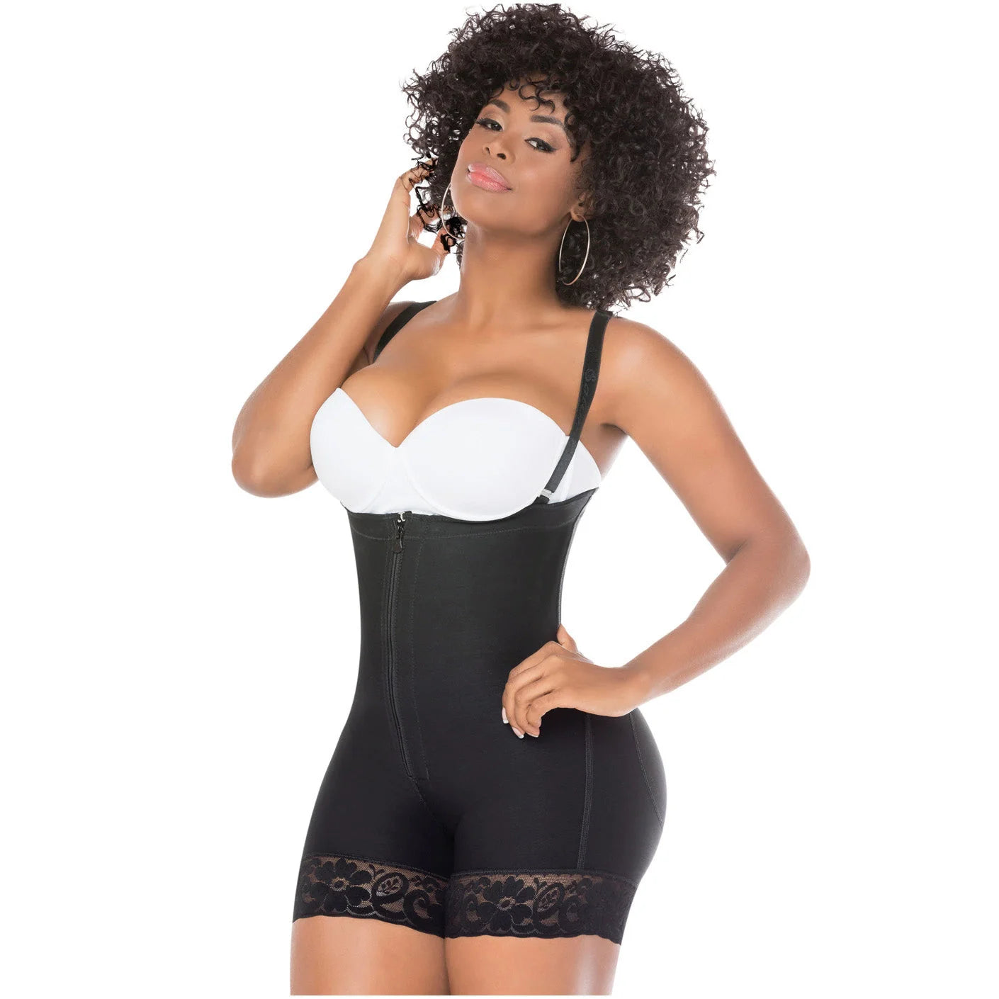 Fajas Salome 214 black open-bust body shaper with lace hem, Colombian post-surgery faja for postpartum recovery