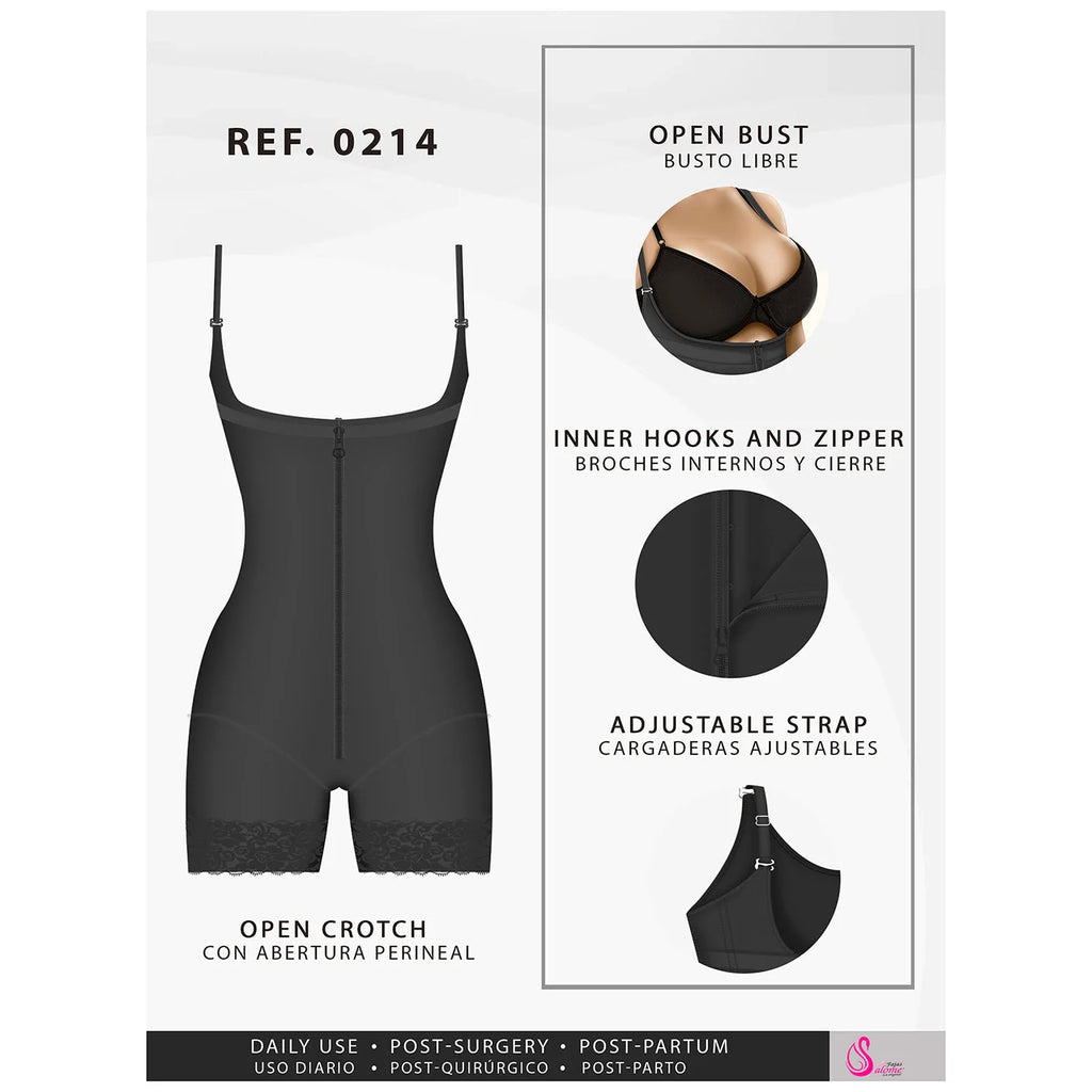 Fajas Salome 0214 black open-bust body shaper with zipper closure, Colombian post-surgery faja for postpartum recovery