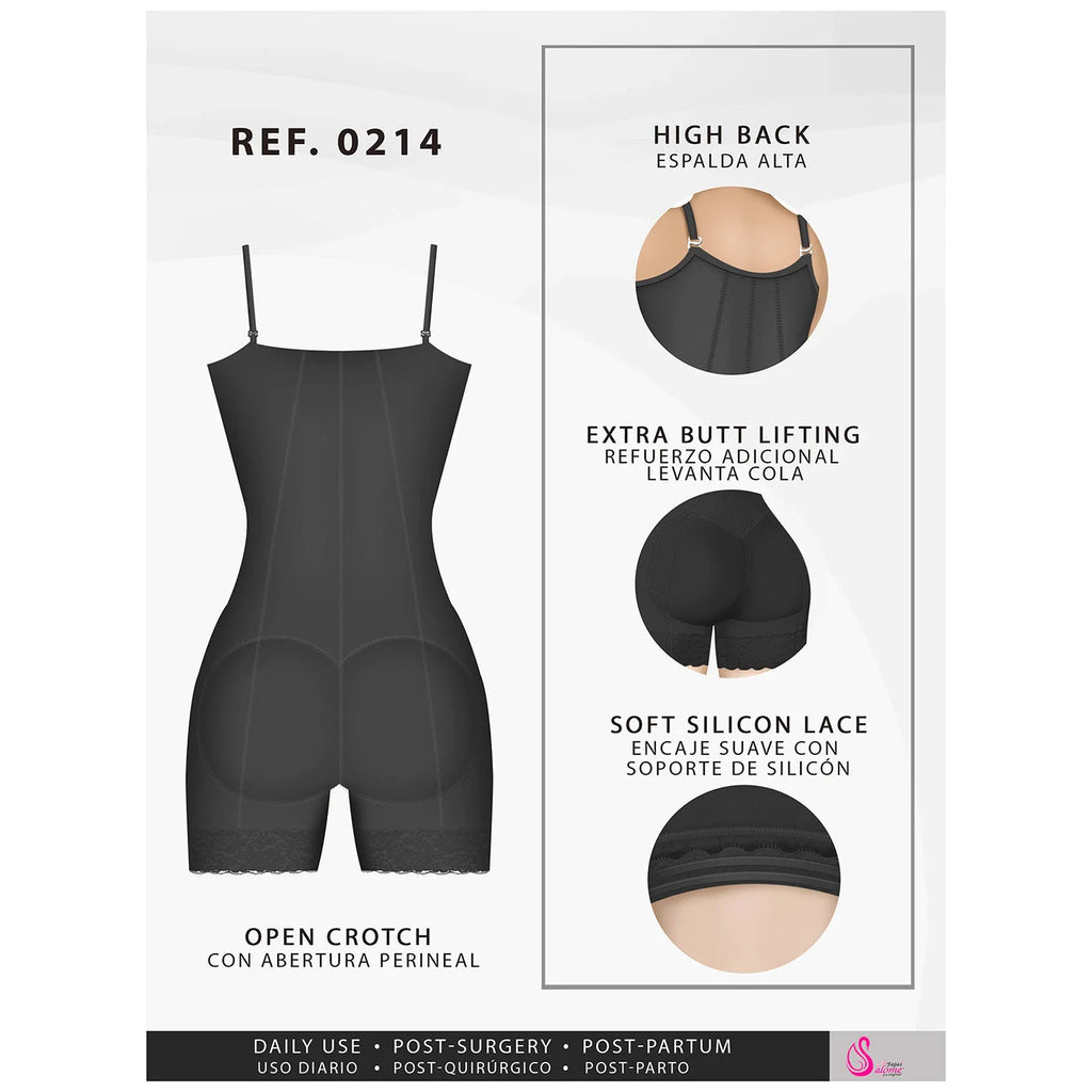 Fajas Salome 0214 black open-crotch body shaper with butt lifting and lace trim, Colombian post-surgery compression garment f