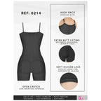 Fajas Salome 0214 black open-crotch body shaper with butt lifting and lace trim, Colombian post-surgery compression garment f