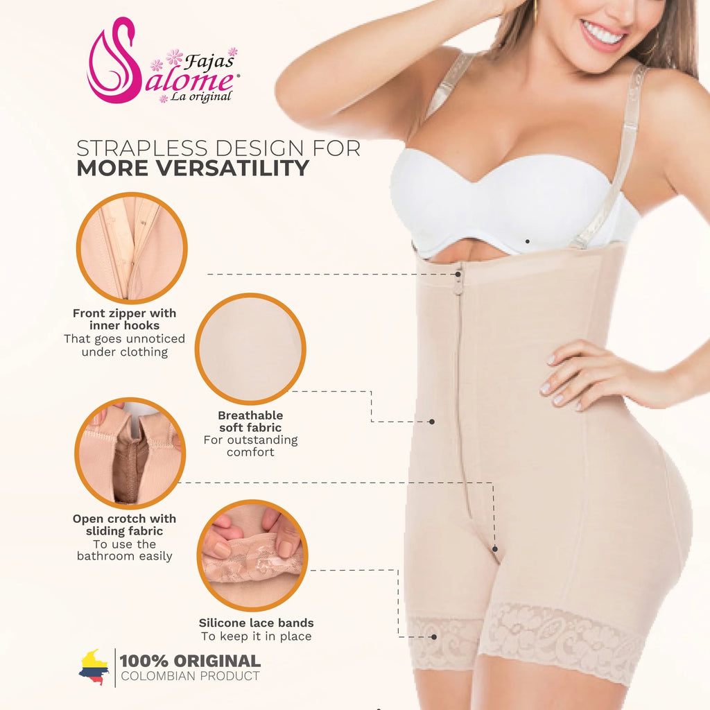 Fajas Salome 215 beige strapless body shaper with front zipper and lace bands, post-surgery Colombian shapewear for women