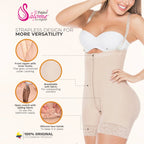 Fajas Salome 215 beige strapless body shaper with front zipper and lace bands, post-surgery Colombian shapewear for women