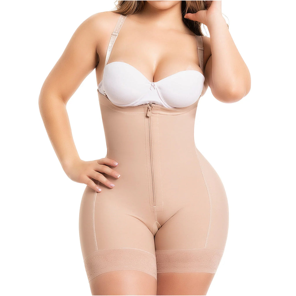 Fajas Salome 215 beige open-bust bodysuit with front zipper, Colombian post-surgery compression garment front view
