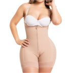 Fajas Salome 215 beige open-bust bodysuit with front zipper, Colombian post-surgery compression garment front view