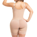 Fajas Salome 216 nude open-bust bodysuit back view, butt-lifting Colombian shapewear with lace hem and adjustable straps