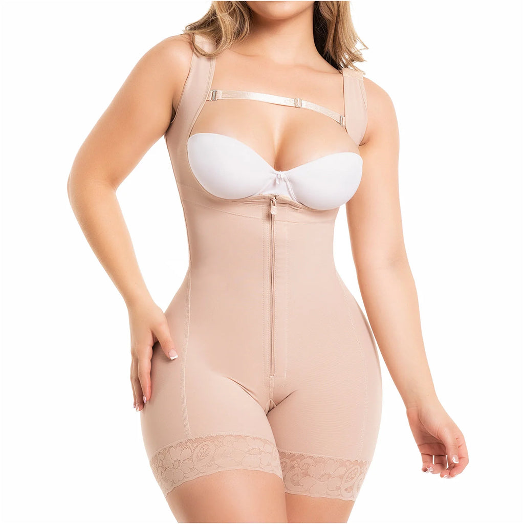 Fajas Salome 217 beige open-bust bodysuit with zipper closure, Colombian post-surgery faja compression garment front view