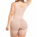 Fajas Salome 217 beige open-bust bodysuit back view, Colombian shapewear with butt lifter and lace hem for post-surgery recov