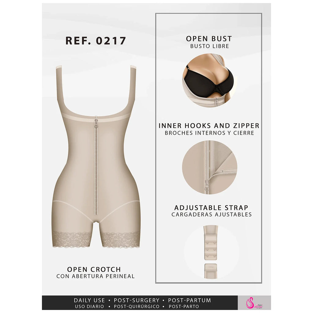 Fajas Salome 0217 beige open-bust bodysuit with front zipper, Colombian post-surgery faja for postpartum recovery