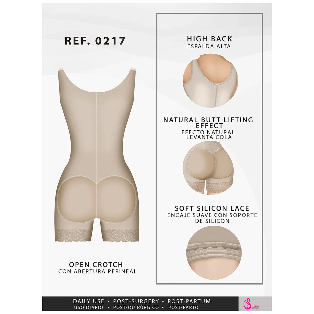 Fajas Salome 0217 beige open-crotch body shaper with butt lifting effect, Colombian post-surgery faja back view