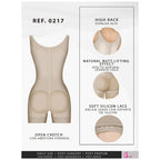 Fajas Salome 0217 beige open-crotch body shaper with butt lifting effect, Colombian post-surgery faja back view