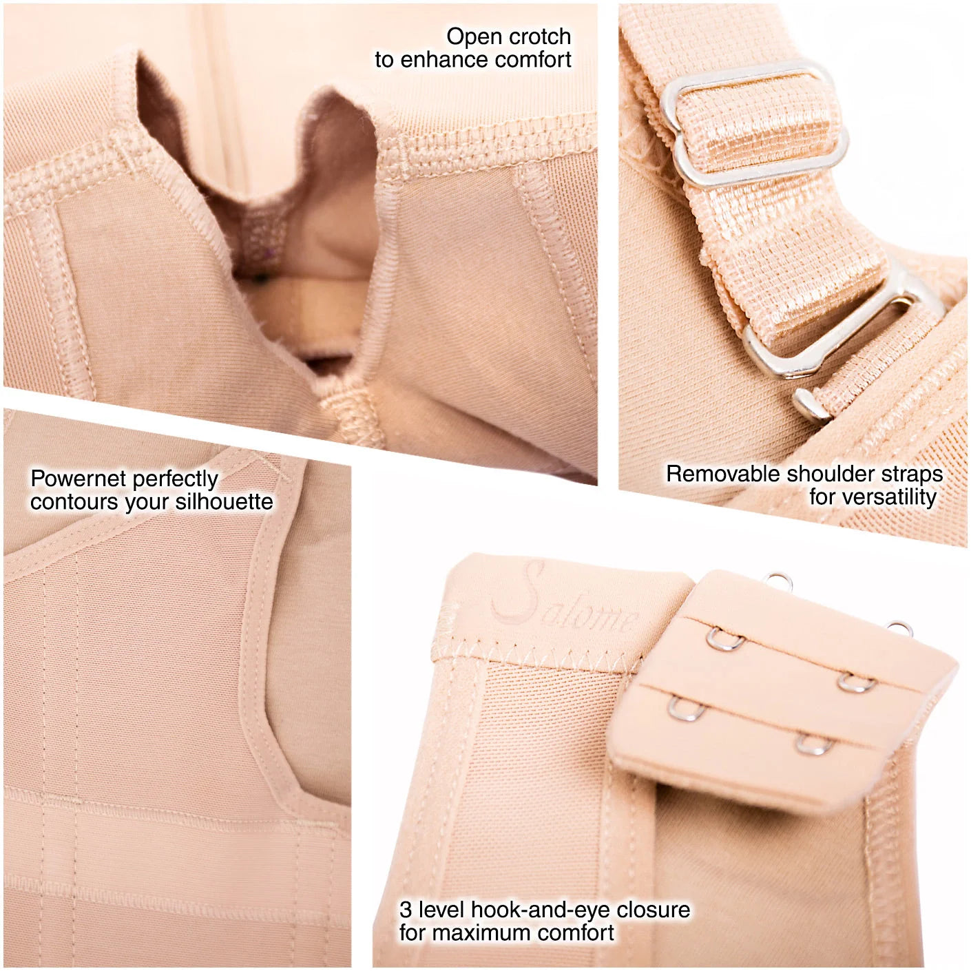 Fajas Salome 217 nude post-surgery faja detail view showing open crotch, powernet fabric, removable straps, and 3-level hook 