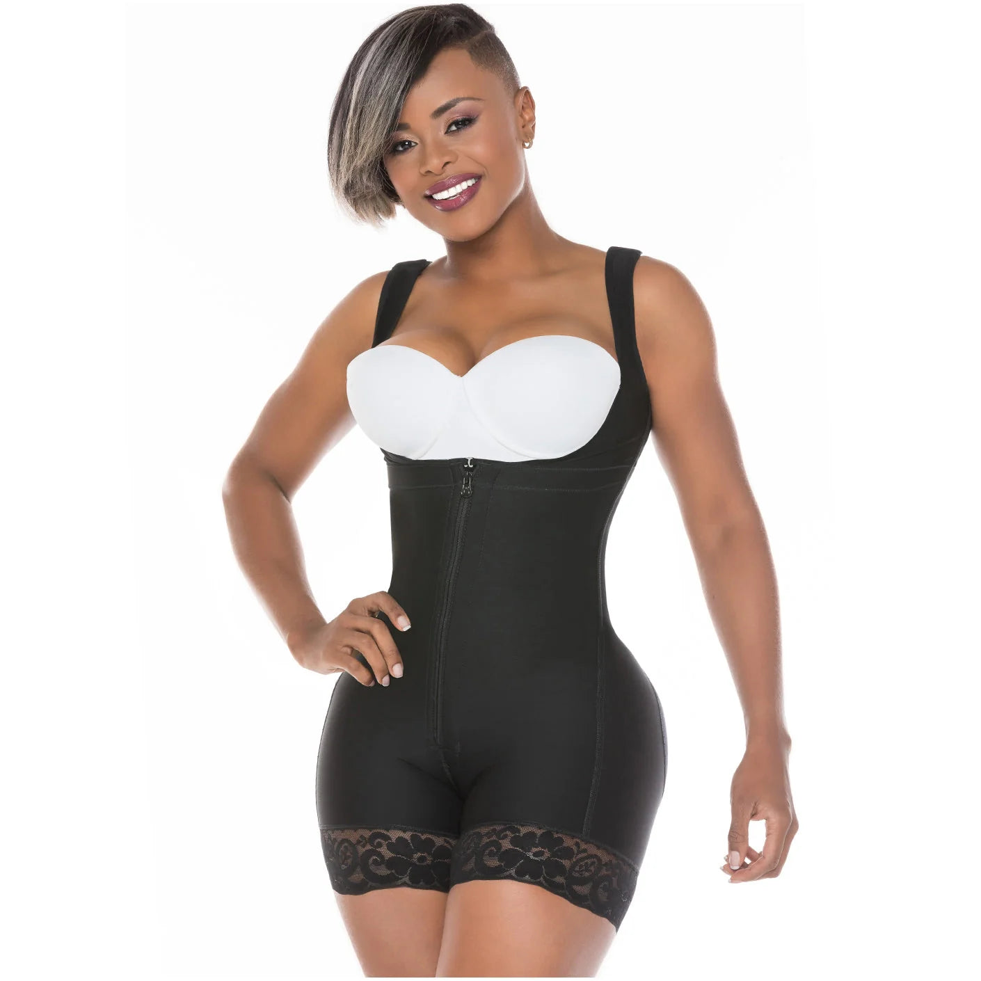 Fajas Salome 217 black open-bust bodysuit with zipper closure, Colombian post-surgery compression garment front view
