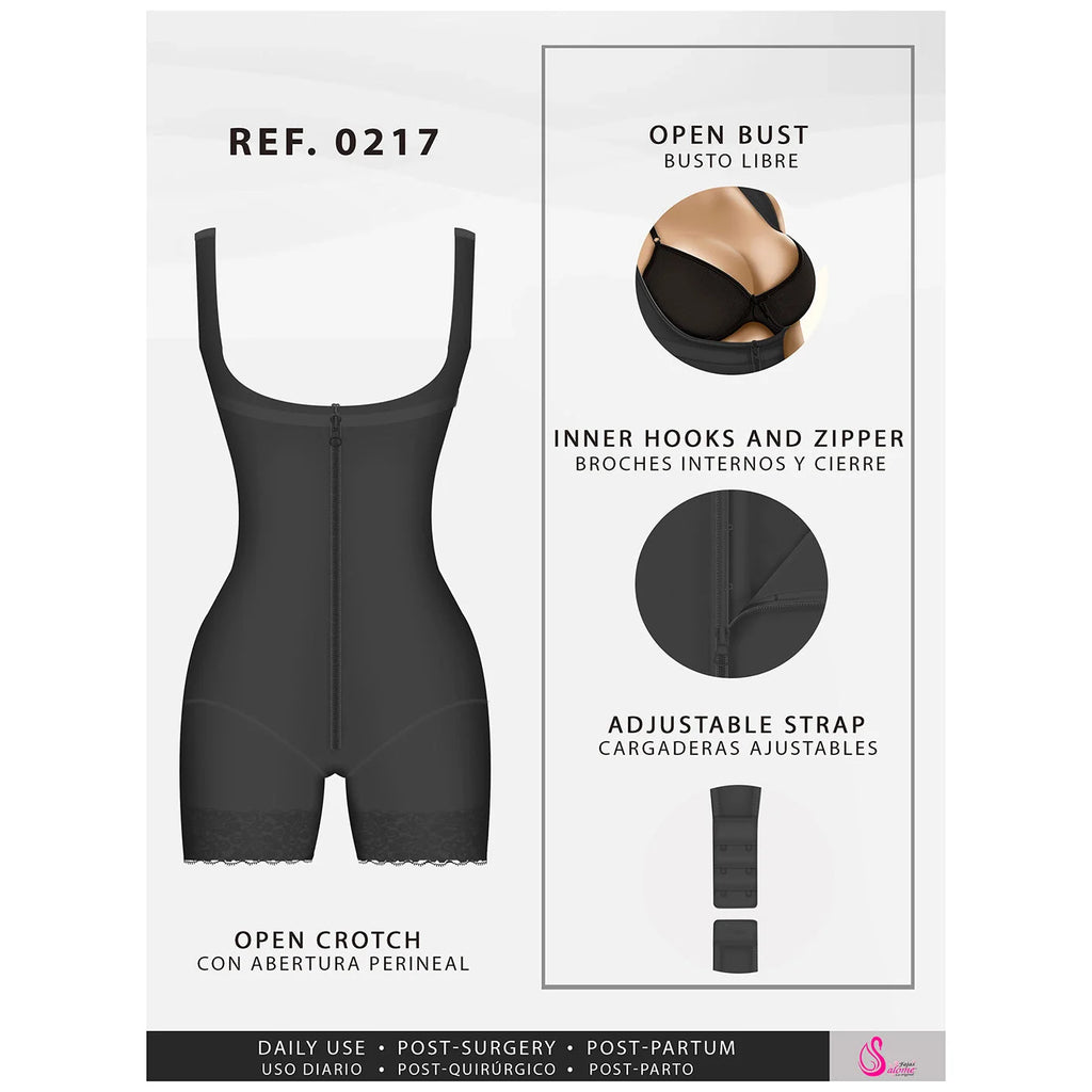 Fajas Salome 0217 black open-bust bodysuit with zipper closure, Colombian post-surgery compression garment front view