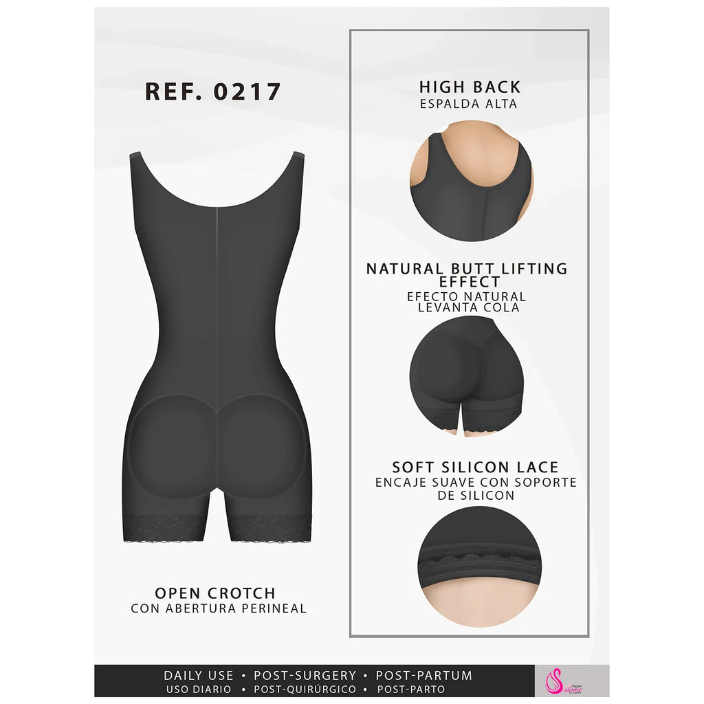 Fajas Salome 0217 black open-crotch body shaper with butt lifting effect, Colombian post-surgery compression garment back vie
