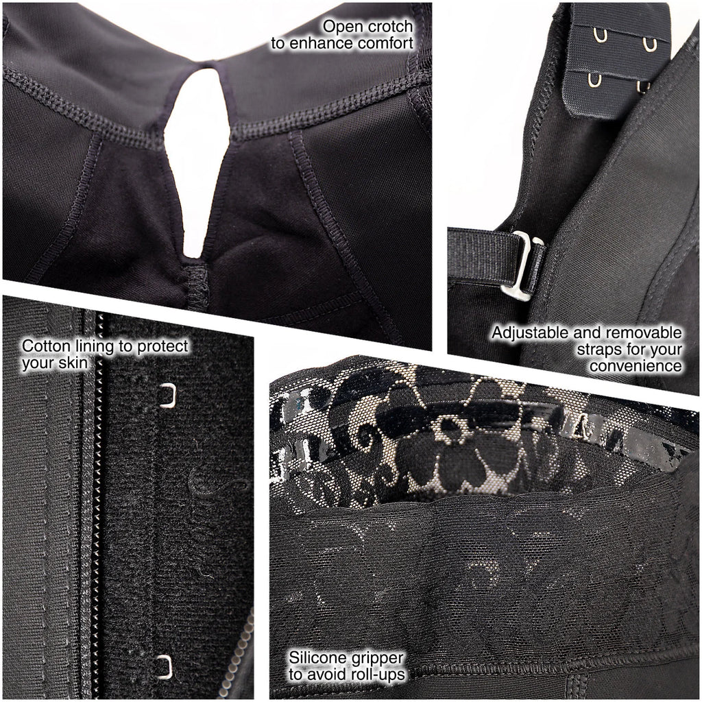 Fajas Salome 217 black post-surgery faja detail view showing open crotch, silicone gripper, cotton lining, Colombian compress