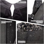 Fajas Salome 217 black post-surgery faja detail view showing open crotch, silicone gripper, cotton lining, Colombian compress