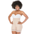 Fajas Salome 218 beige high-waist shaper shorts with lace trim, Colombian shapewear body shaper for daily use front view