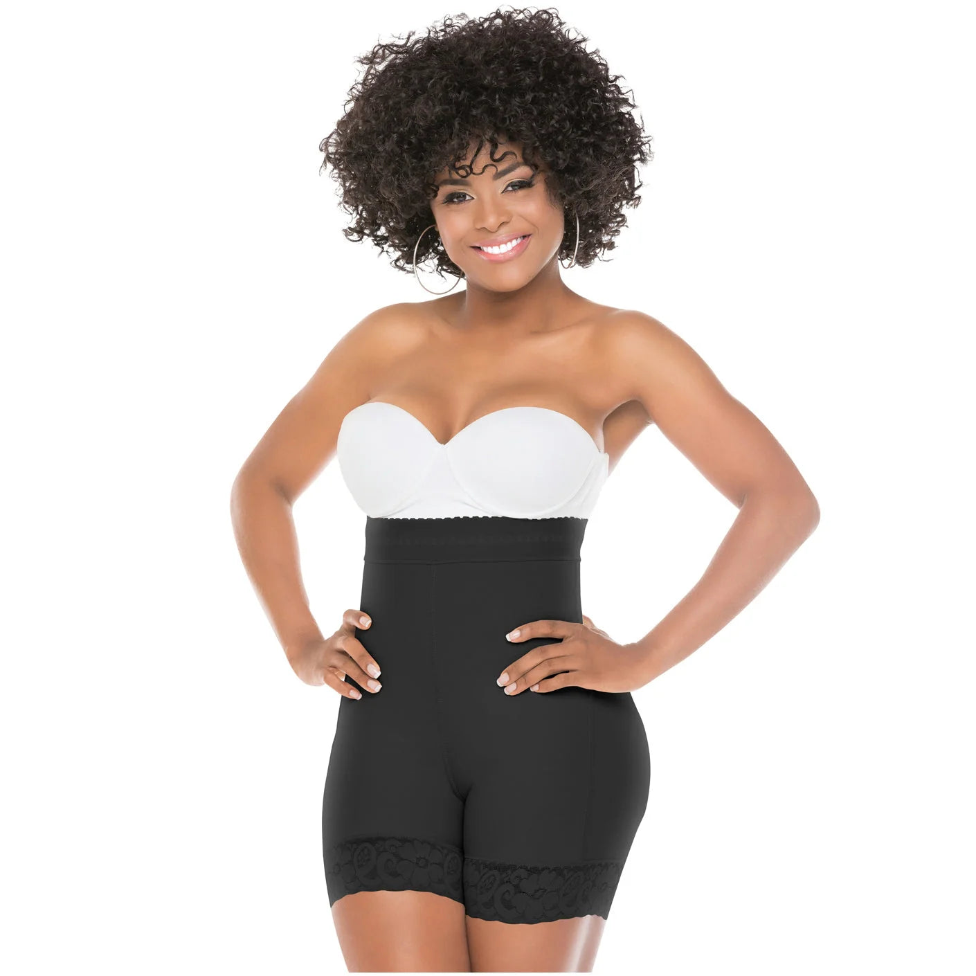 Fajas Salome 218 black high-waist shaper shorts with lace hem, Colombian shapewear body shaper front view