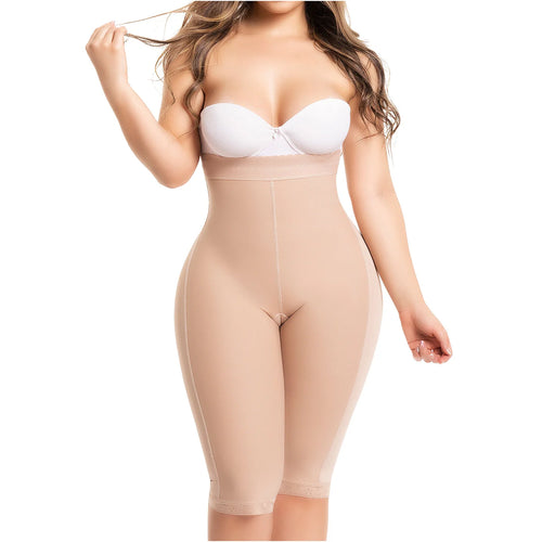 Fajas Salome 219 beige high-waist shaper shorts with lace trim, Colombian shapewear body shaper front view
