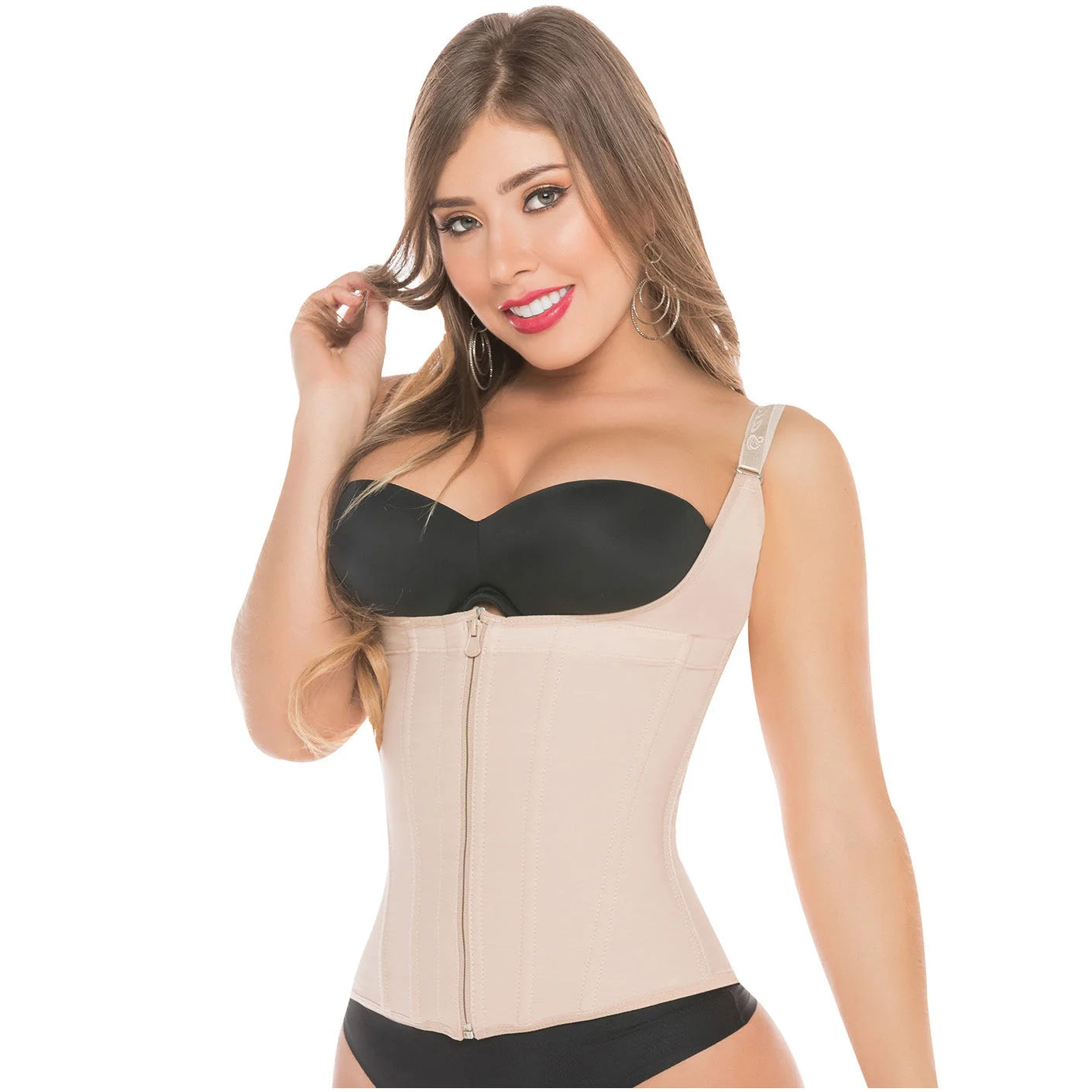 Fajas Salome 313 beige open-bust vest faja with zipper closure, daily Colombian shapewear body shaper side view