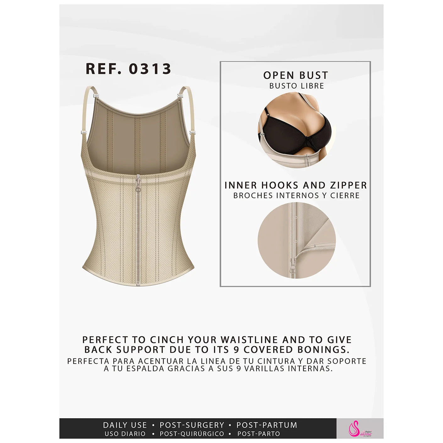Fajas Salome 0313 beige open-bust waist cincher with zipper closure, Colombian shapewear for daily and post-surgery use