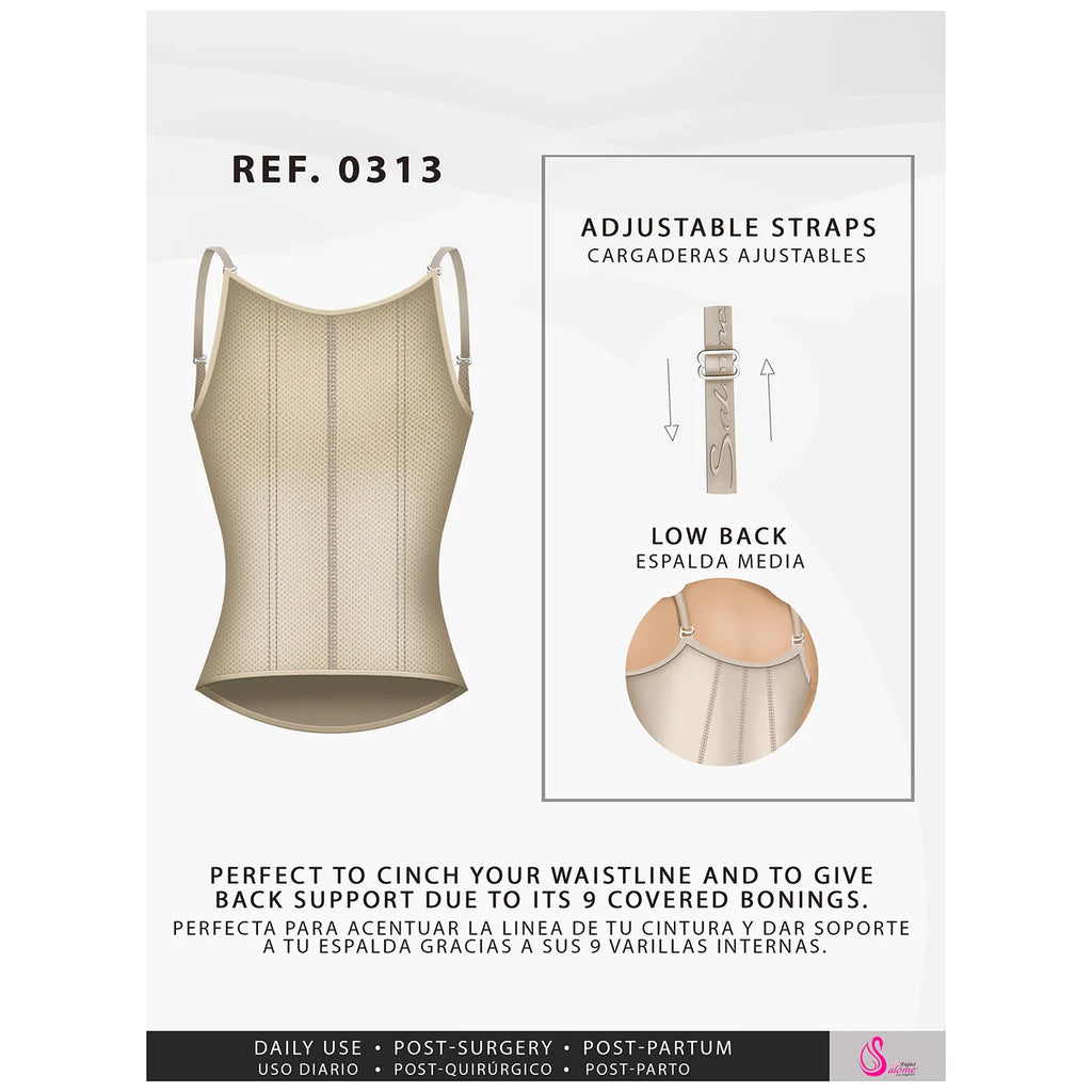 Fajas Salome 0313 beige open-bust body shaper with adjustable straps and 9 bonings, Colombian shapewear for daily use
