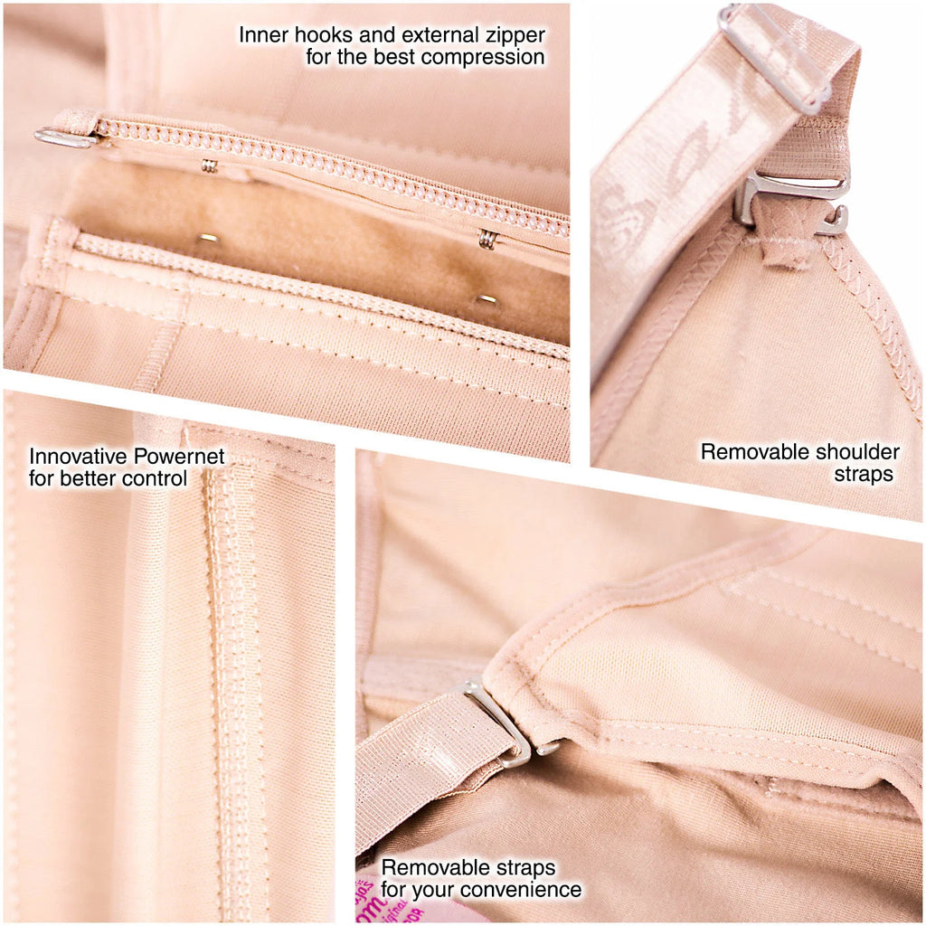 Fajas Salome 313 nude Colombian shapewear detail view showing inner hooks zipper closure powernet fabric and removable should