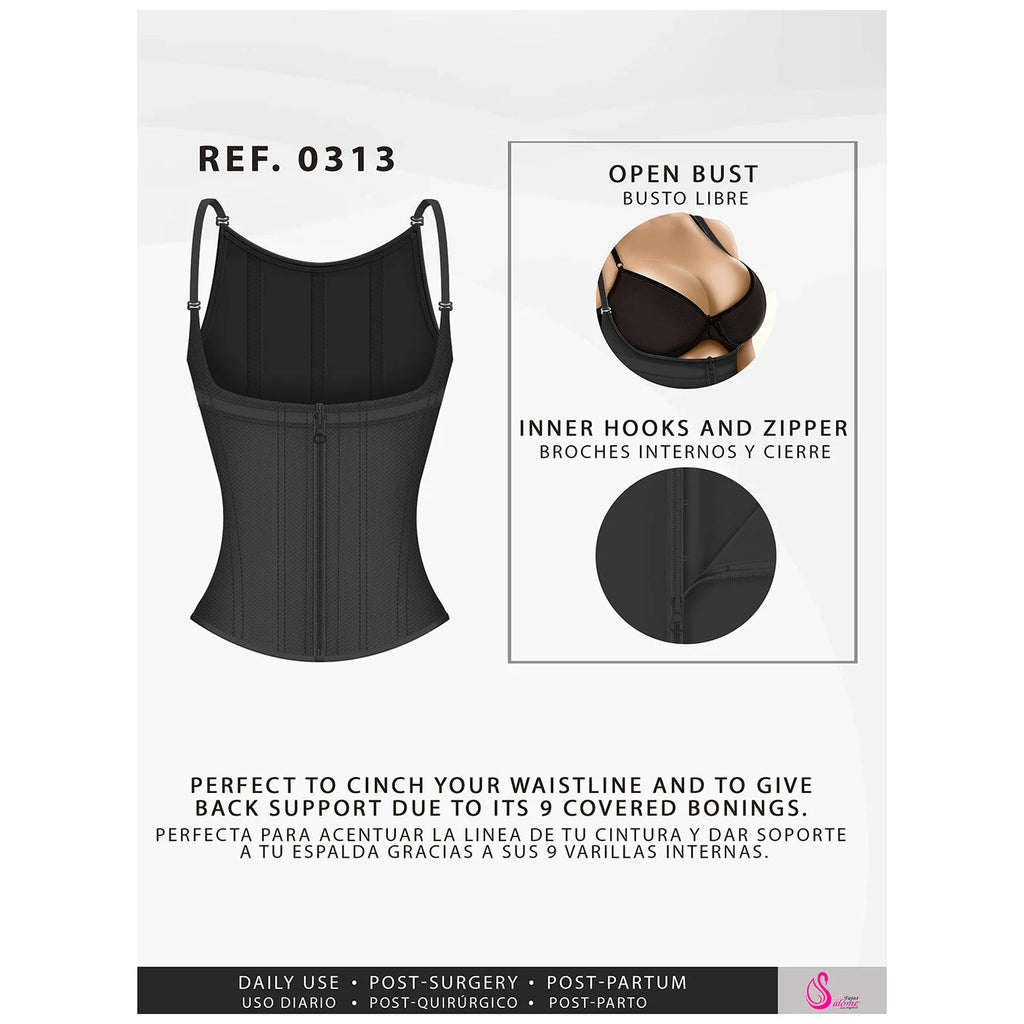 Fajas Salome 0313 black open-bust waist cincher with straps and zipper, Colombian shapewear for daily and post-surgery use
