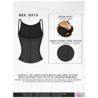 Fajas Salome 0313 black open-bust waist cincher with straps and zipper, Colombian shapewear for daily and post-surgery use