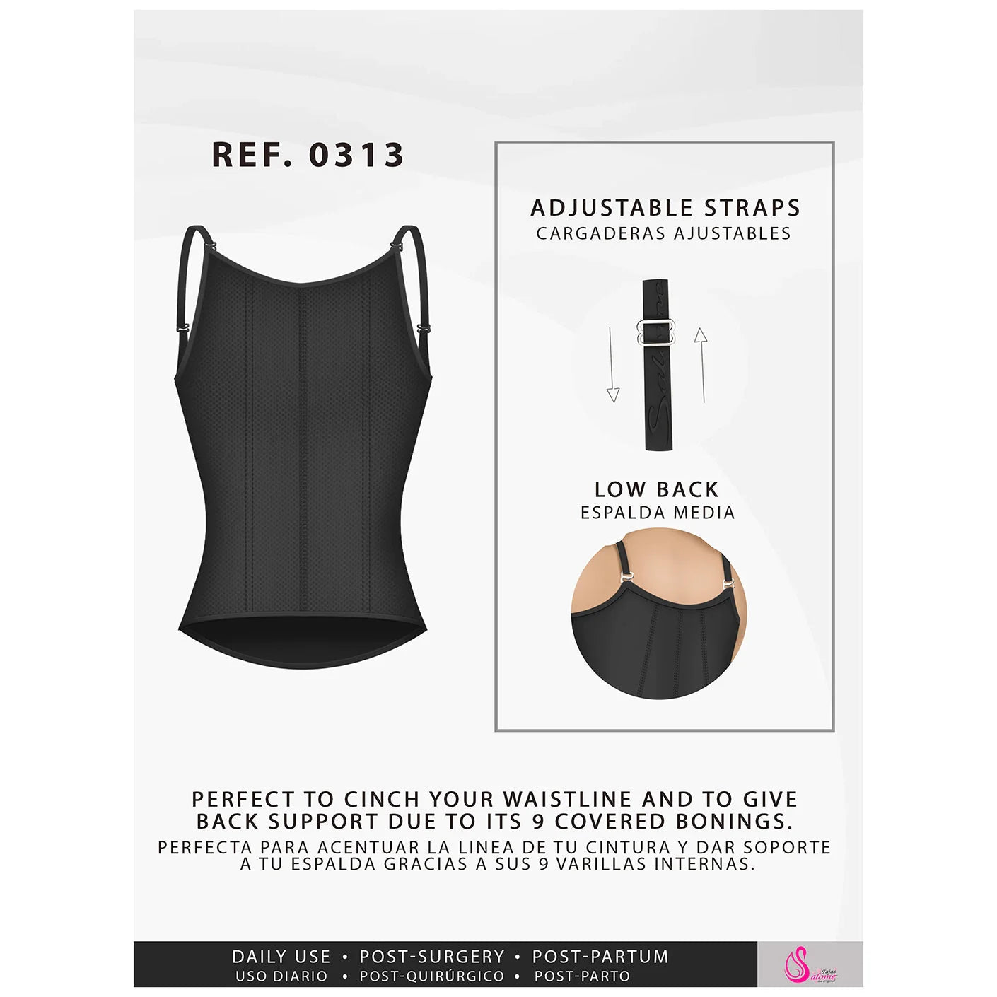 Fajas Salome 0313 black open-bust body shaper with adjustable straps and 9 bonings, Colombian shapewear for daily use