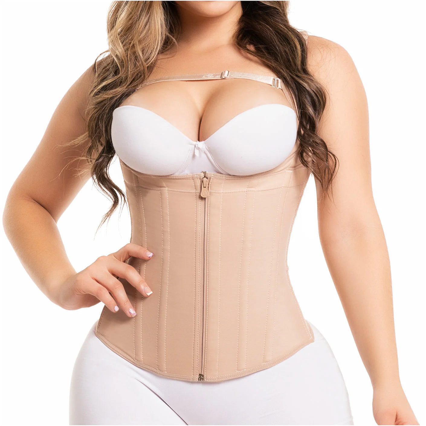 Fajas Salome 314 nude waist trainer with zipper closure and straps, Colombian shapewear body shaper front view